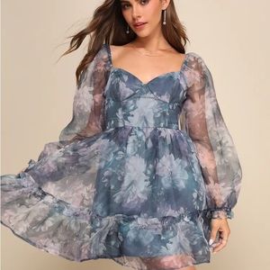 Fantasy Blue Floral Organza Balloon Sleeve Mini Dress